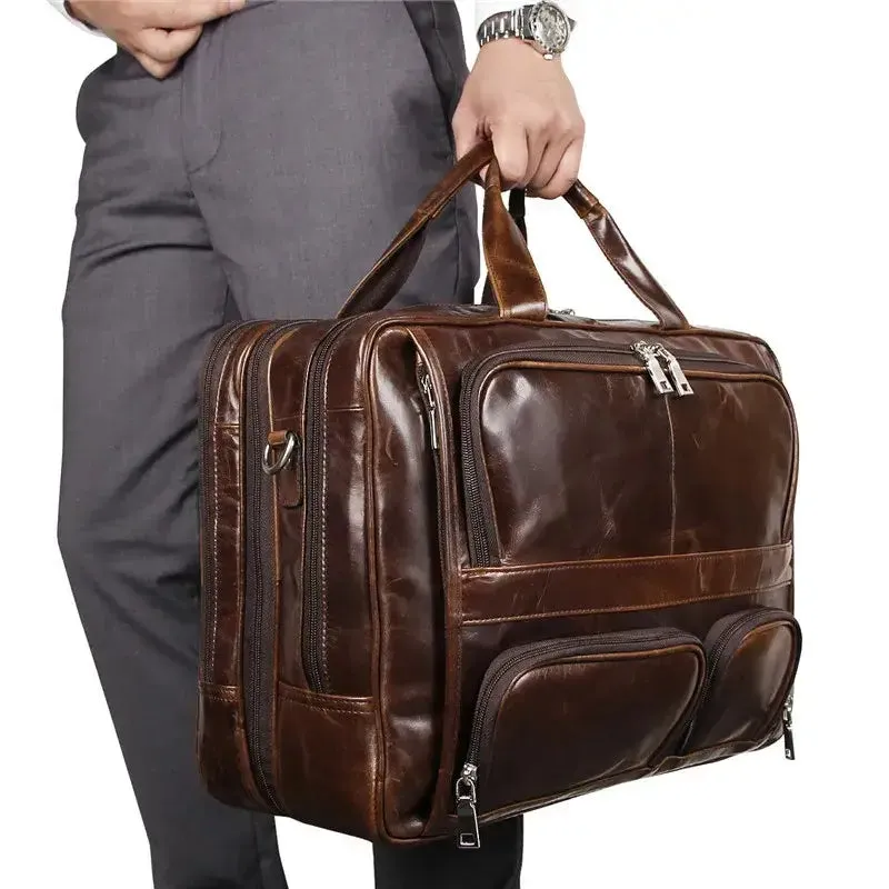 Brown Real Leather Briefcase Multi-Functional Large Capacity Travel Bag
