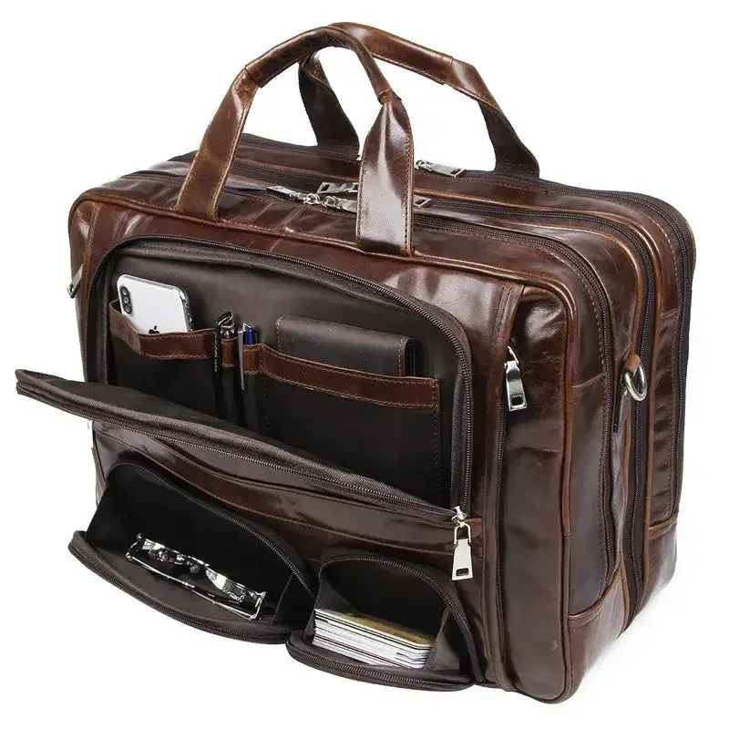 Brown Real Leather Briefcase Multi-Functional Large Capacity Travel Bag