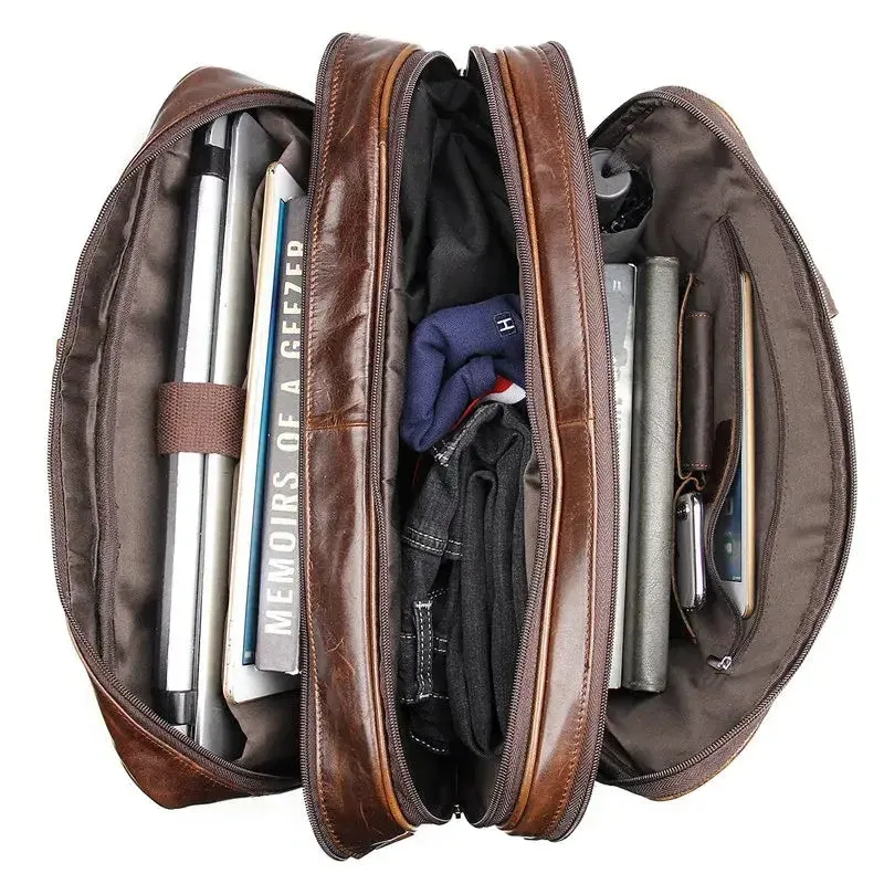 Brown Real Leather Briefcase Multi-Functional Large Capacity Travel Bag