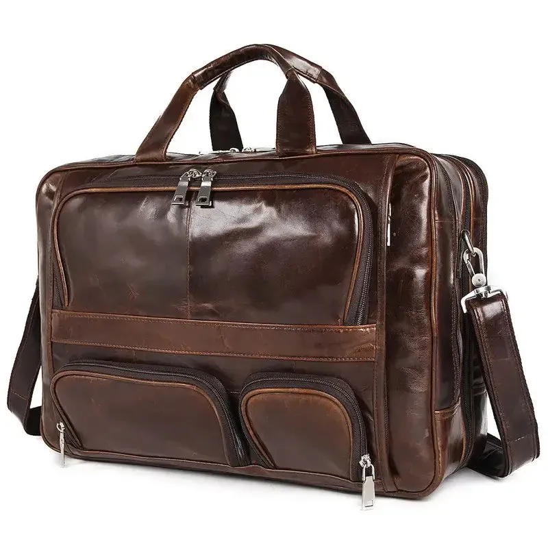 Brown Real Leather Briefcase Multi-Functional Large Capacity Travel Bag