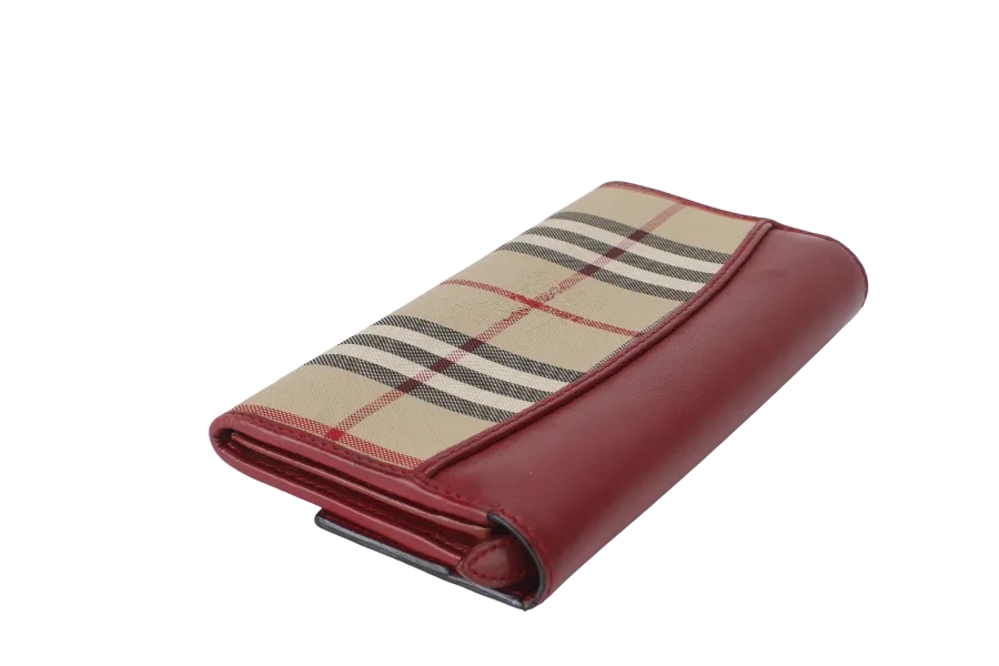 BURBERRY CHECK RED CANVAS LONG WALLET GOLD HARDWARE WITH DUST COVER AND BOX