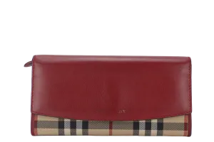 BURBERRY CHECK RED CANVAS LONG WALLET GOLD HARDWARE WITH DUST COVER AND BOX