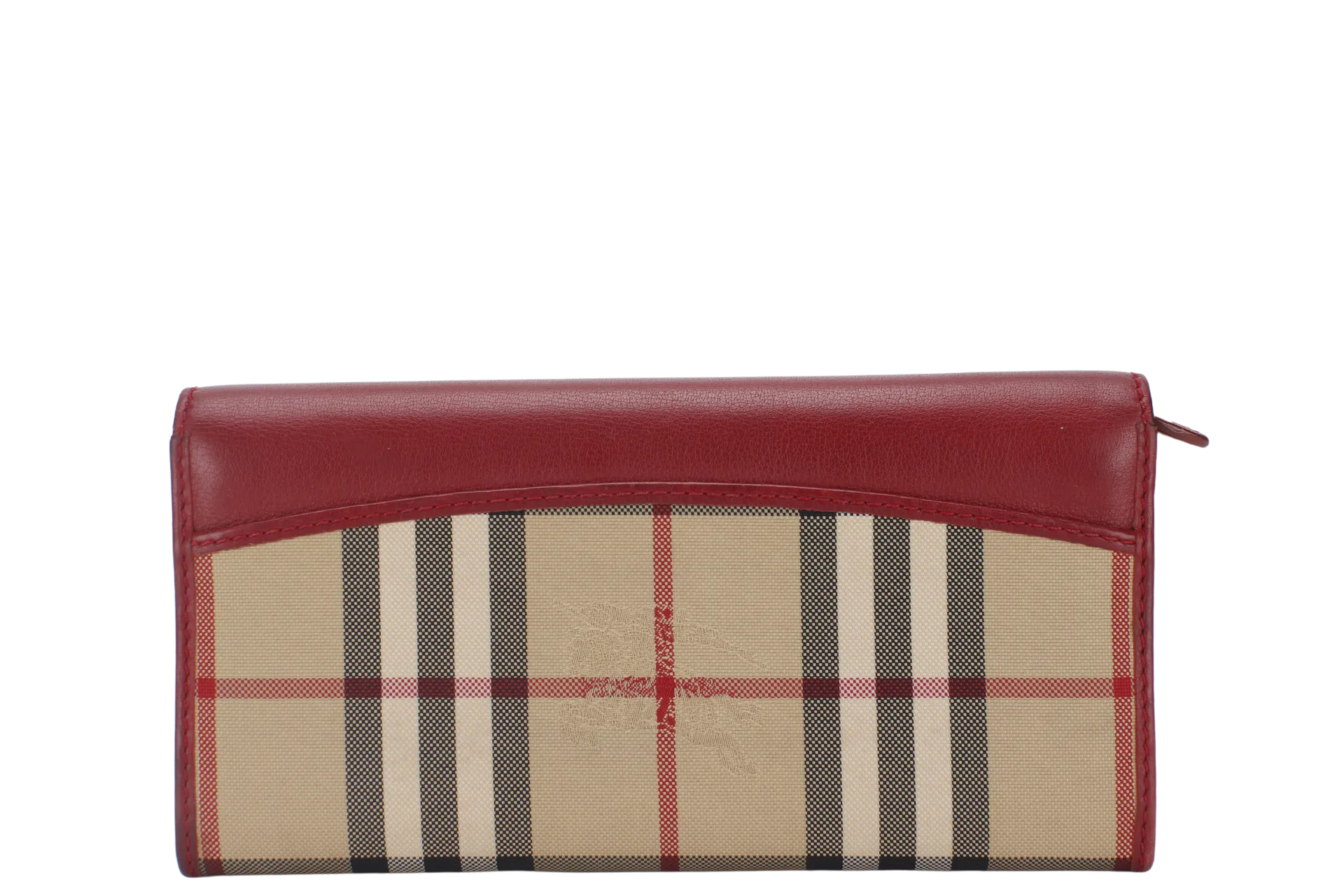 BURBERRY CHECK RED CANVAS LONG WALLET GOLD HARDWARE WITH DUST COVER AND BOX
