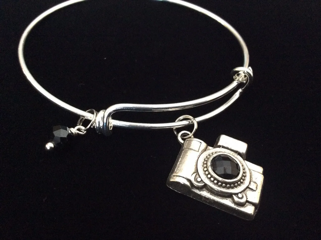 Camera Adjustable Expandable Bangle Bracelet Charm Black Crystal Silver Photography Handmade