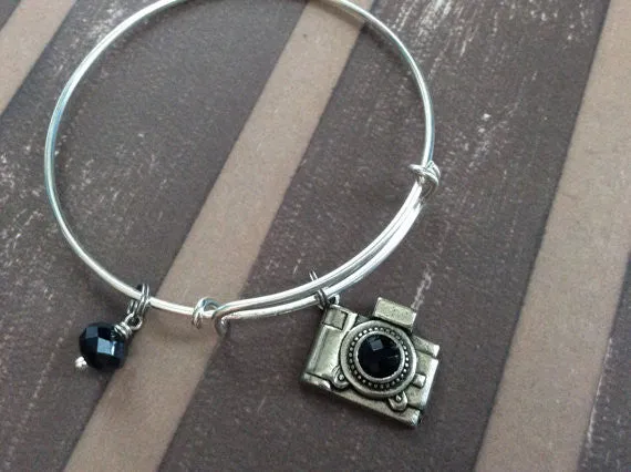 Camera Adjustable Expandable Bangle Bracelet Charm Black Crystal Silver Photography Handmade