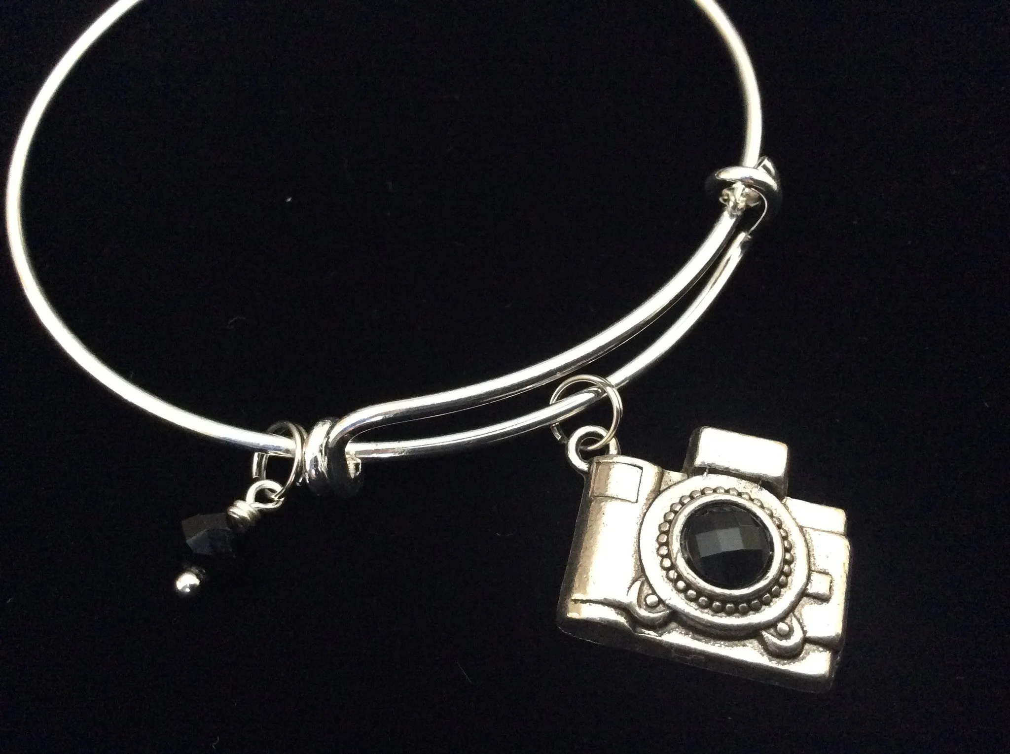 Camera Adjustable Expandable Bangle Bracelet Charm Black Crystal Silver Photography Handmade