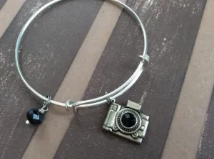 Camera Adjustable Expandable Bangle Bracelet Charm Black Crystal Silver Photography Handmade