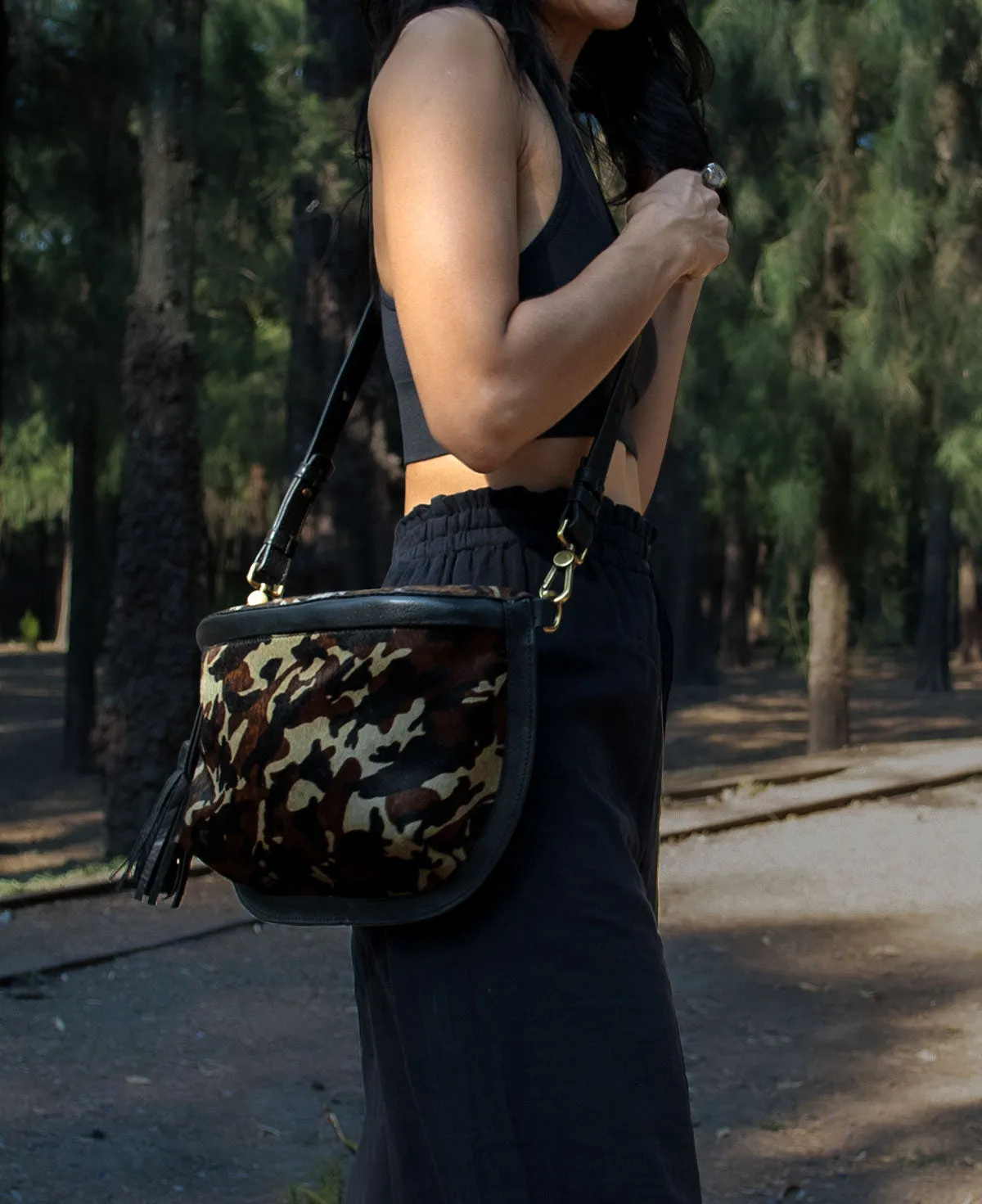 Camo Soft Fur Large Sling Bag - CHER with Adjustable Strap & Tassel