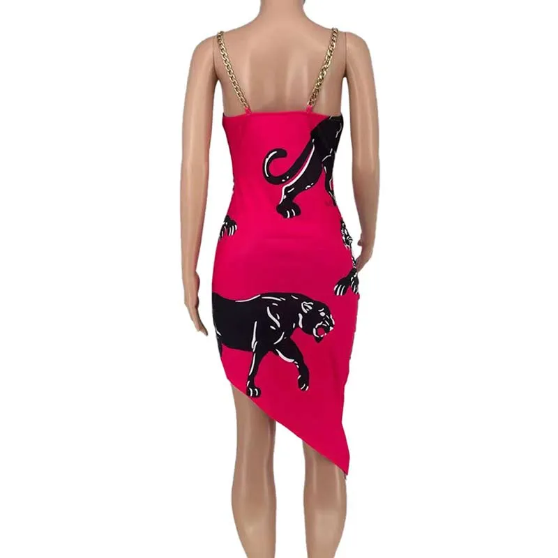 Cheetah Pattern Chains Strap Irregular Bodycon Dress