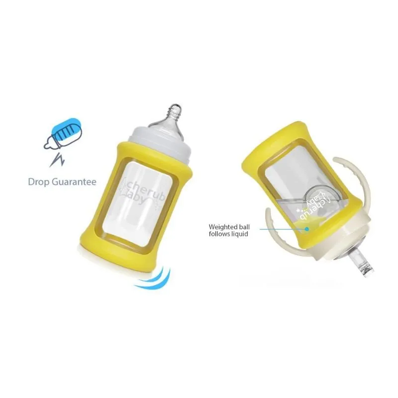 Cherub Baby Wide Neck Glass Straw Cup 240mL (9 Months ) - Yellow