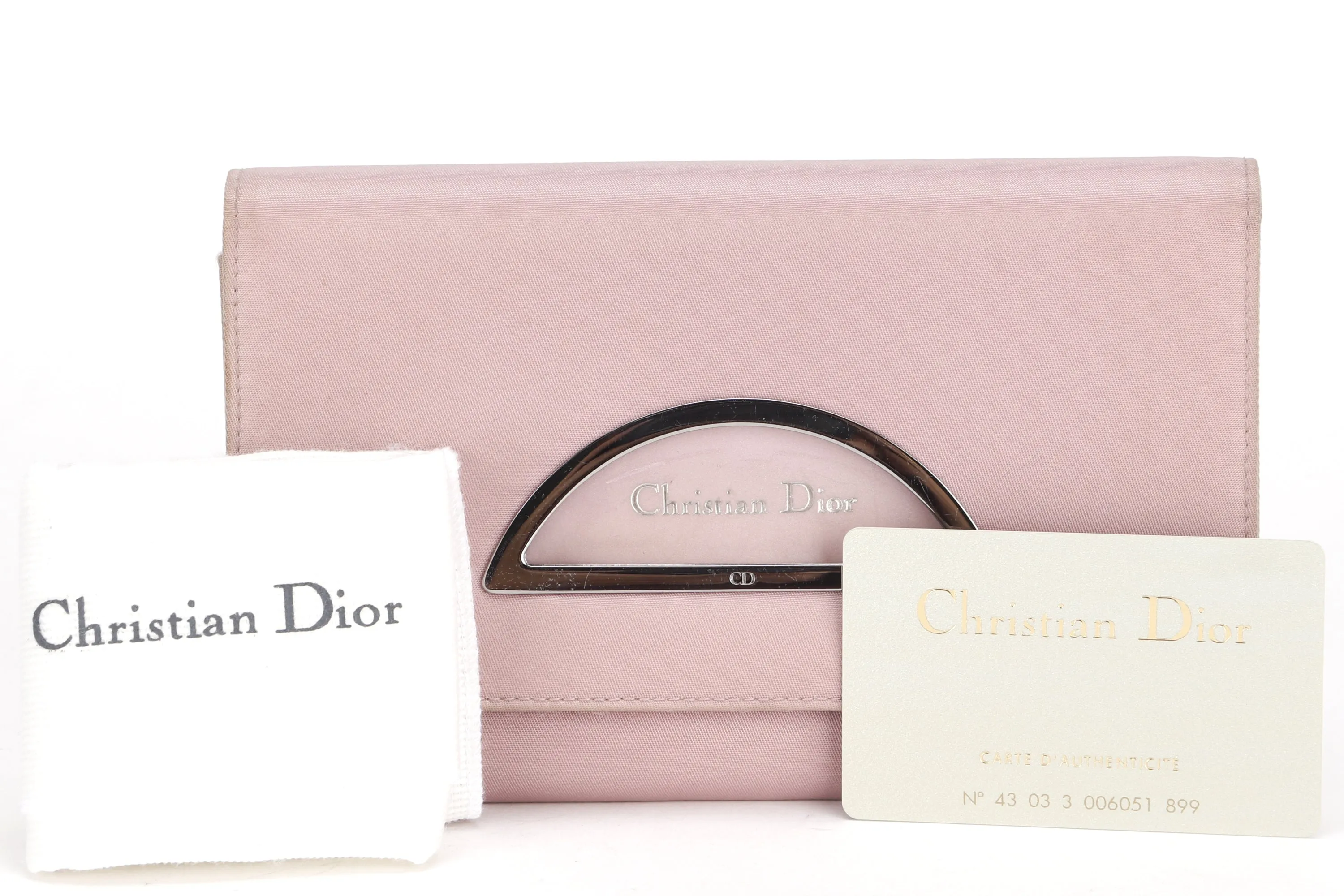 CHRISTIAN DIOR MARIS PEARL BIFOLD WALLET (BU0020) PINK NYLON SILVER HARDWARE, WITH CARD & DUST COVER