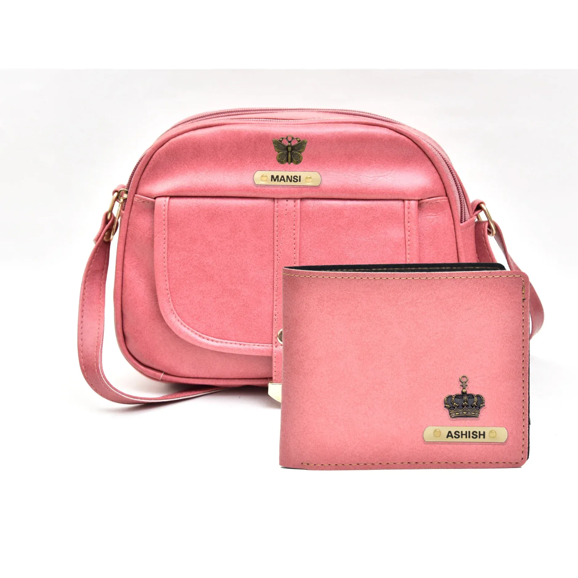 Classy Leather Customized Chain Sling Bag   Men's Wallet (Women's Combo) (Peach Peach)