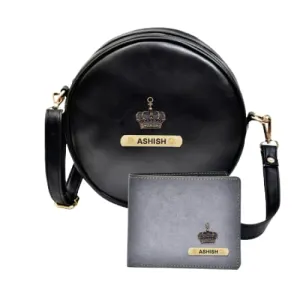 Classy Leather Customized Chained Sling Bag Round   Men's Wallet - Black Grey