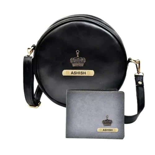 Classy Leather Customized Chained Sling Bag Round   Men's Wallet - Black Grey