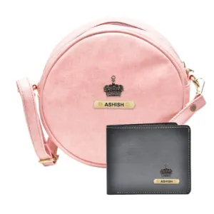 Classy Leather Customized Chained Sling Bag Round   Men's Wallet - Light Pink Black