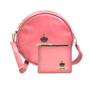 Classy Leather Customized Chained Sling Bag Round   Men's Wallet - Maroon Peach