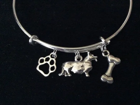Corgi Dog Charm on a Silver Expandable Adjustable Bangle Bracelet Double Sided Charms Meaningful Dog Lover Gift
