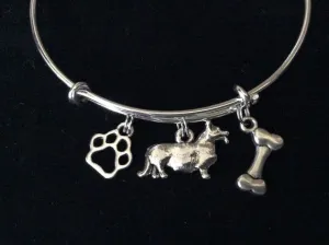 Corgi Dog Charm on a Silver Expandable Adjustable Bangle Bracelet Double Sided Charms Meaningful Dog Lover Gift