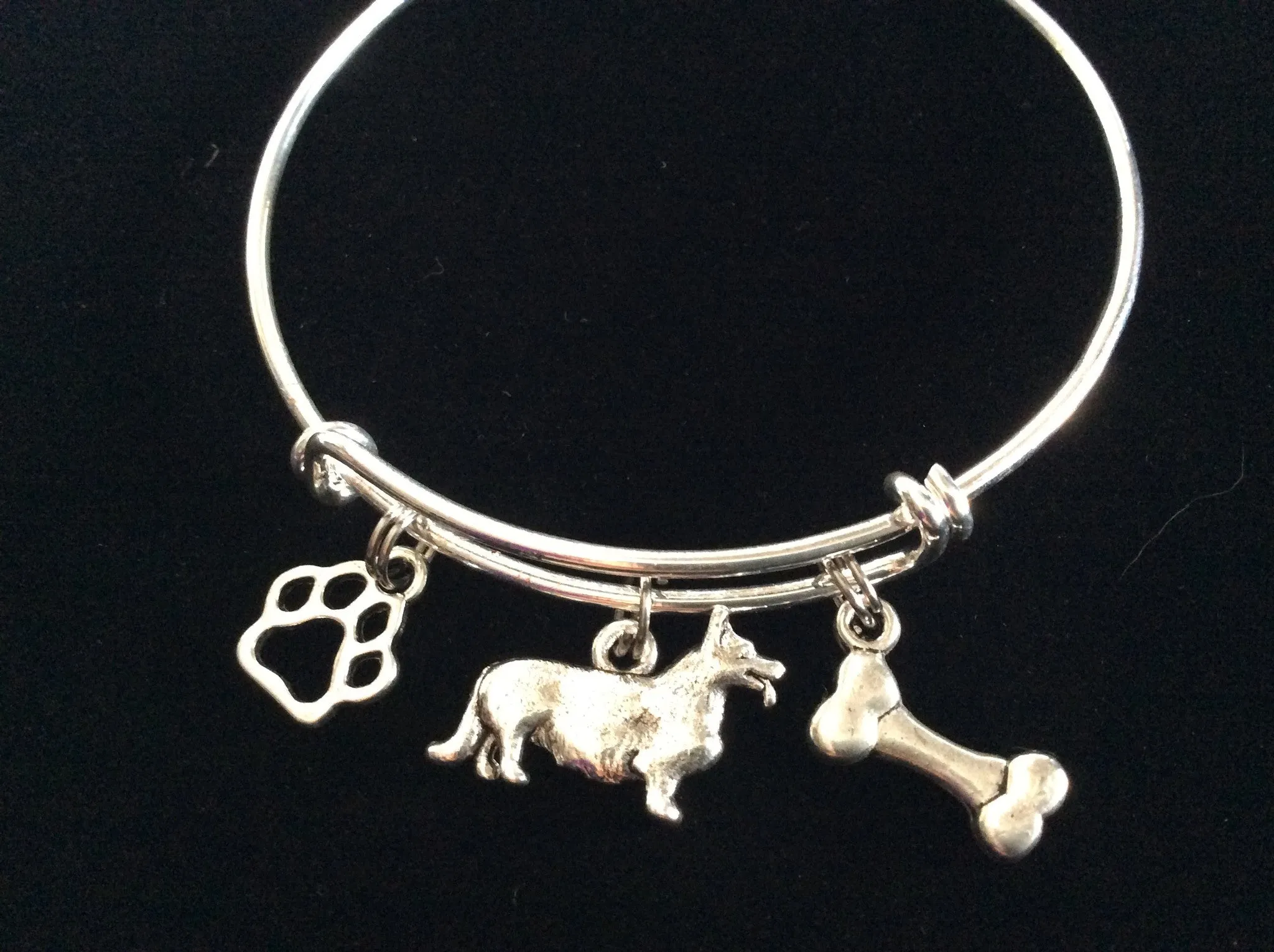 Corgi Dog Charm on a Silver Expandable Adjustable Bangle Bracelet Double Sided Charms Meaningful Dog Lover Gift