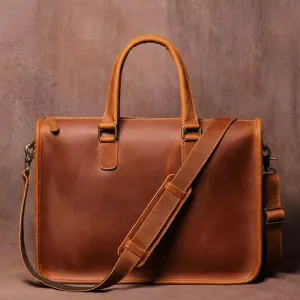 Crazy Horse Leather Men's Briefcase for 14-Inch Laptop - Professional Office Bag