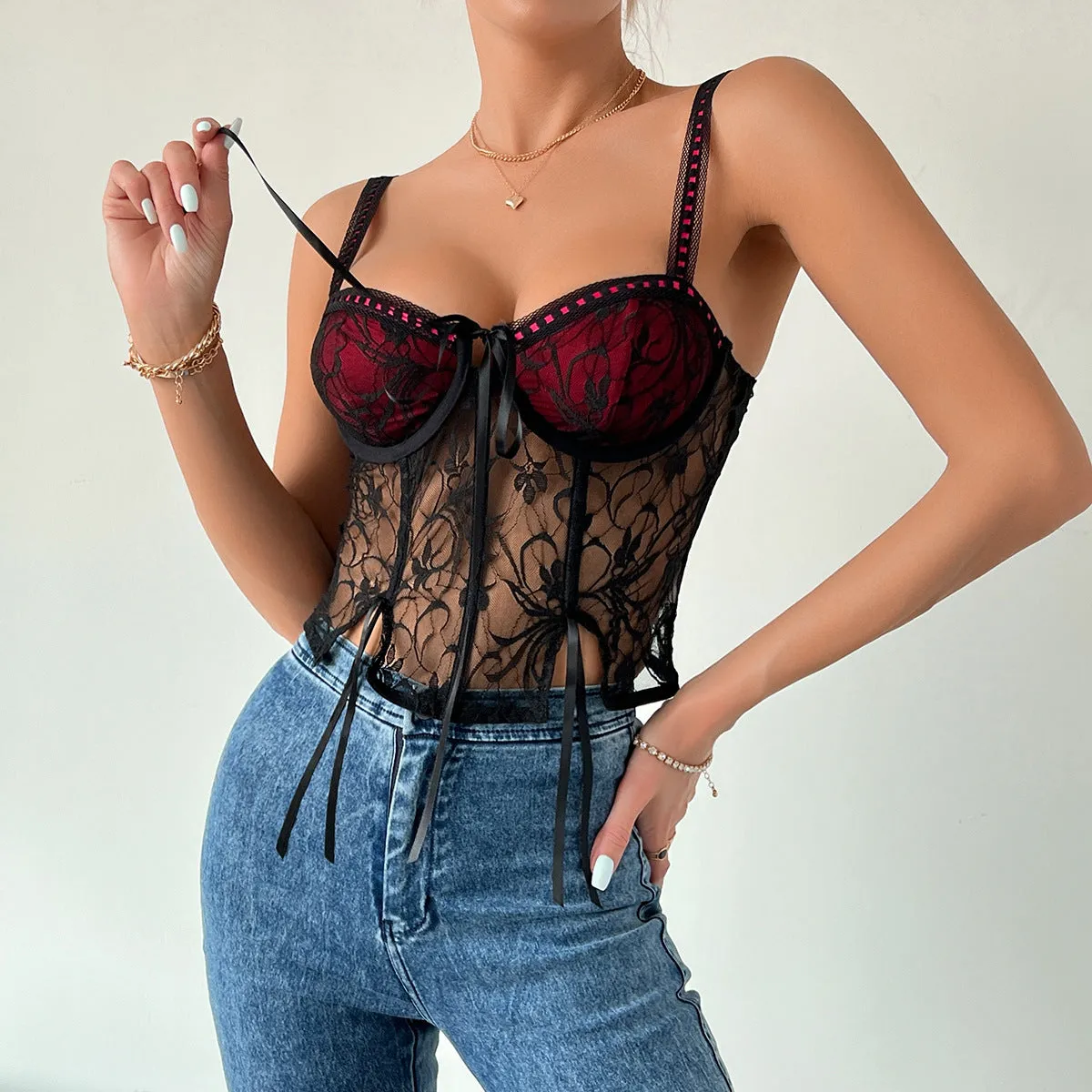 Cross-Border European and American Style Newy2kHot Girl Sexy Burgundy Lace Stitching Tied Steel Ring Fishbone Small SlingW0011