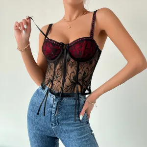 Cross-Border European and American Style Newy2kHot Girl Sexy Burgundy Lace Stitching Tied Steel Ring Fishbone Small SlingW0011