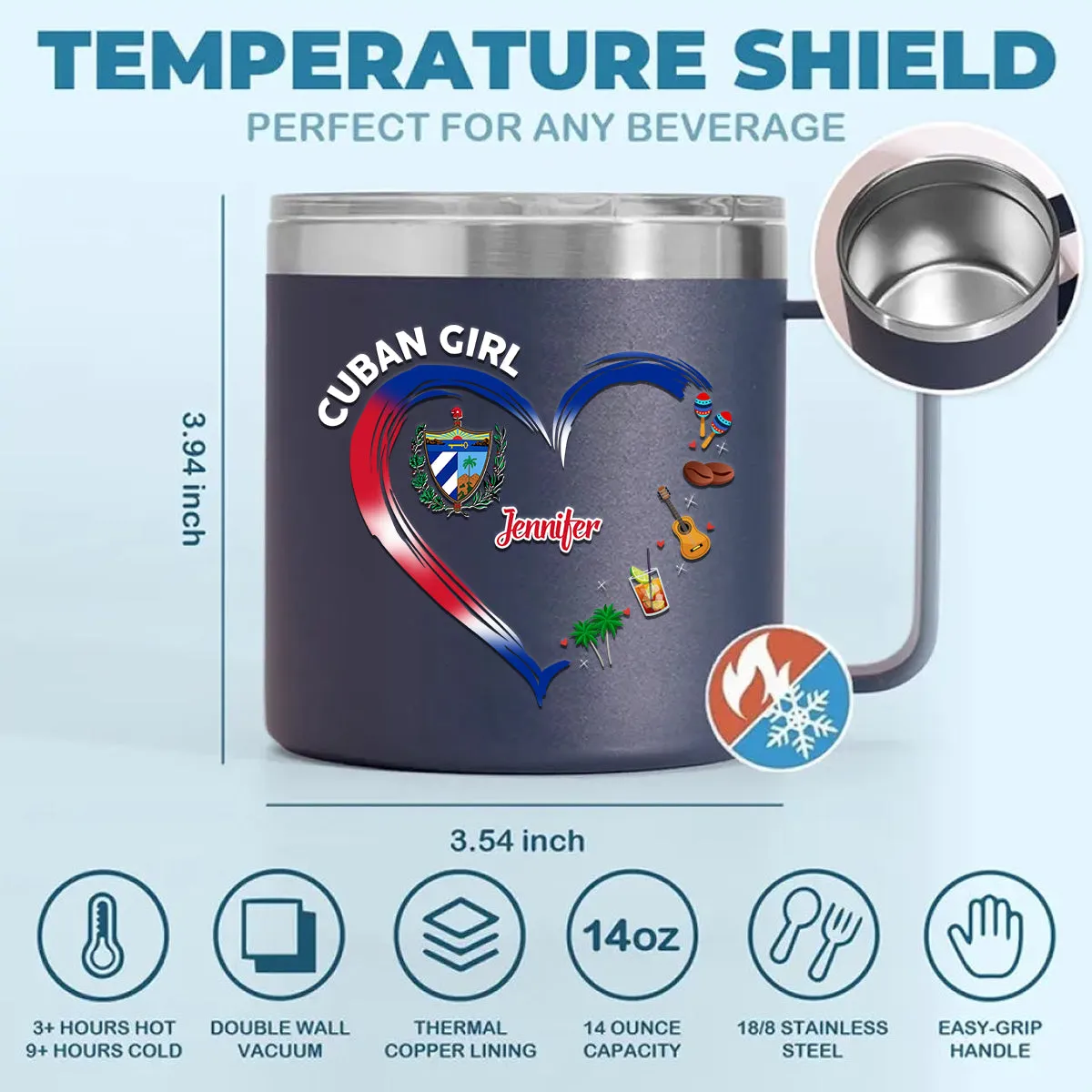 Cuban Girl Custom 14oz Stainless Steel Tumbler With Handle