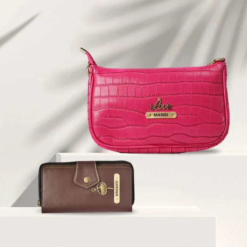 Customised Women's Croc Sling bag (Product 1) & Zip Mini make up kit (Product 2) Combo for Women