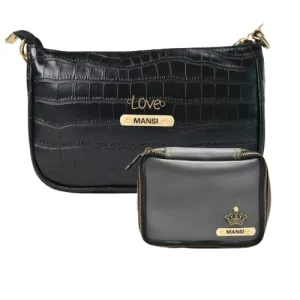 Customized Women's Croc Sling Bag   Mini Make up kit - Black Grey