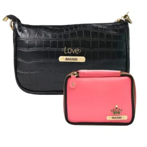 Customized Women's Croc Sling Bag   Mini Make up kit - Black Pink