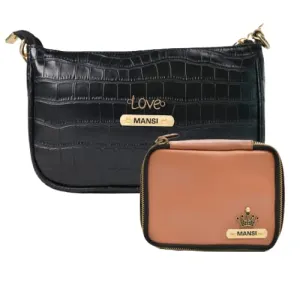 Customized Women's Croc Sling Bag   Mini Make up kit - Black Tan