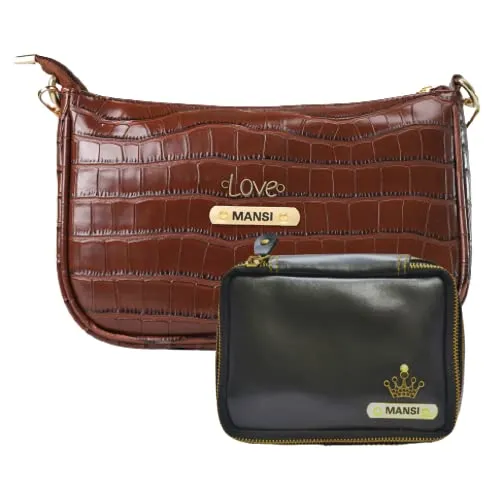 Customized Women's Croc Sling Bag   Mini Make up kit - Brown Black