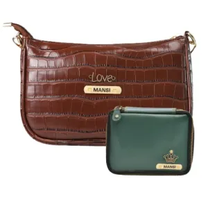 Customized Women's Croc Sling Bag   Mini Make up kit - Brown Olive Green