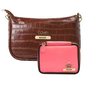 Customized Women's Croc Sling Bag   Mini Make up kit - Brown Pink