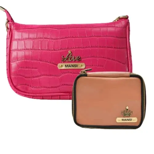 Customized Women's Croc Sling Bag   Mini Make up kit - Pink Tan