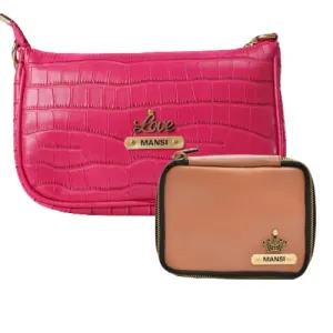 Customized Women's Croc Sling Bag   Mini Make up kit - Pink Tan
