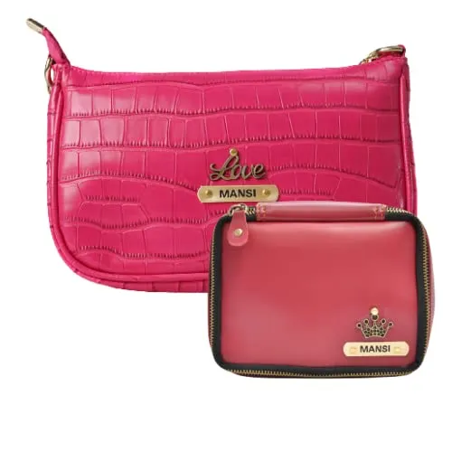 Customized Women's Croc Sling Bag   Mini Make up kit - Pink Wine