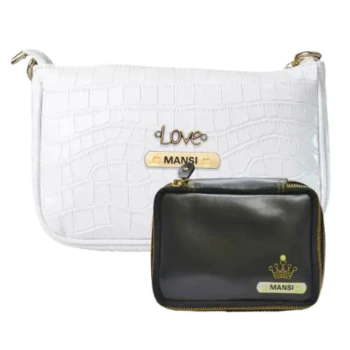 Customized Women's Croc Sling Bag   Mini Make up kit - White Black