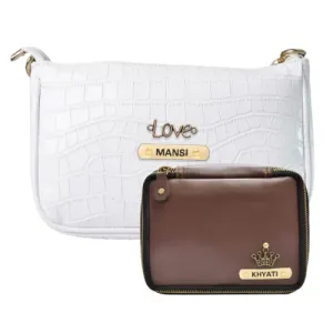 Customized Women's Croc Sling Bag   Mini Make up kit - White Brown