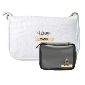 Customized Women's Croc Sling Bag   Mini Make up kit - White Grey