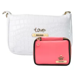 Customized Women's Croc Sling Bag   Mini Make up kit - White Pink