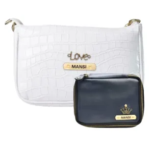 Customized Women's Croc Sling Bag   Mini Make up kit - White Royal Blue