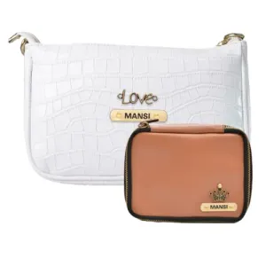 Customized Women's Croc Sling Bag   Mini Make up kit - White Tan