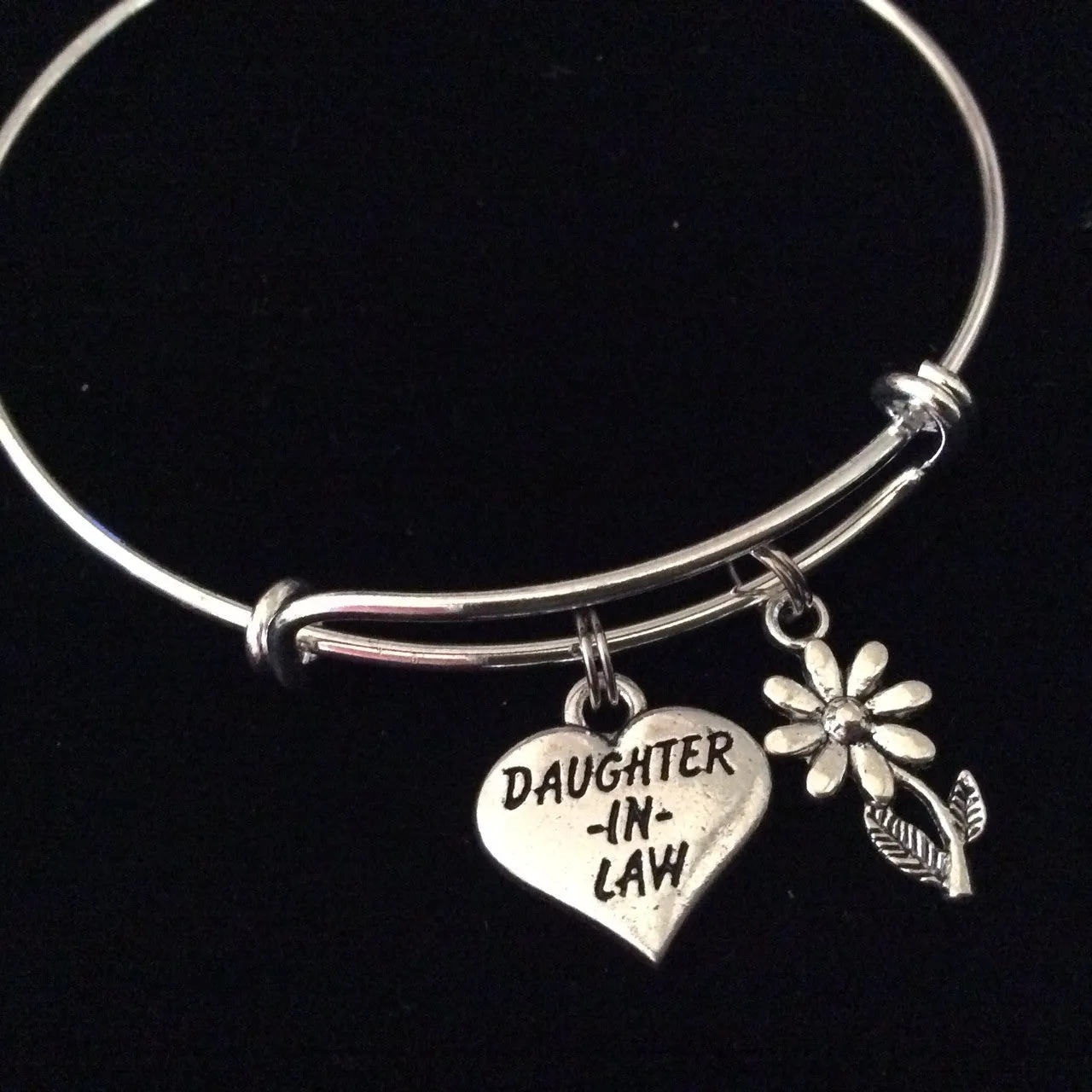 Daughter In Law Heart Daisy Silver Expandable Charm Bracelet Adjustable Bangle Meaningful Gift