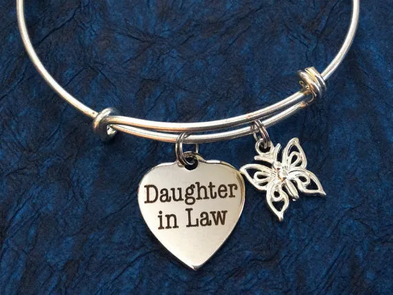 Daughter In Law with Butterfly Charm Bangle Adjustable Expandable Meaningful Gift Stainless Steel Charm