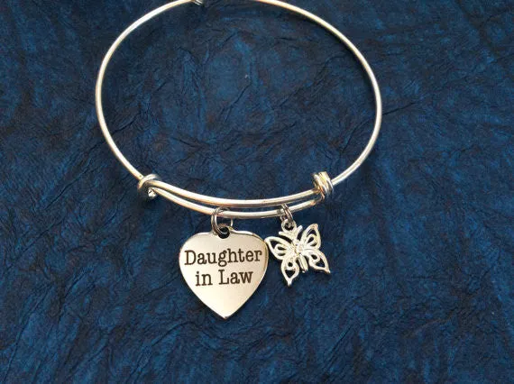 Daughter In Law with Butterfly Charm Bangle Adjustable Expandable Meaningful Gift Stainless Steel Charm