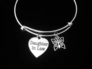 Daughter In Law with Butterfly Charm Bangle Adjustable Expandable Meaningful Gift Stainless Steel Charm