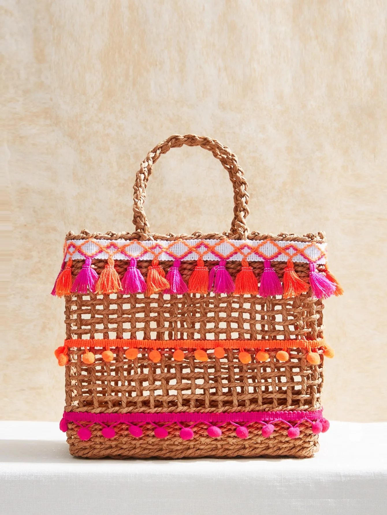 Desert Sunrise Pom Pom & Tassel Straw Tote