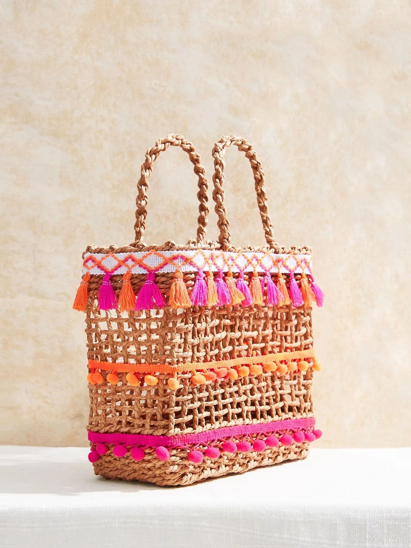 Desert Sunrise Pom Pom & Tassel Straw Tote