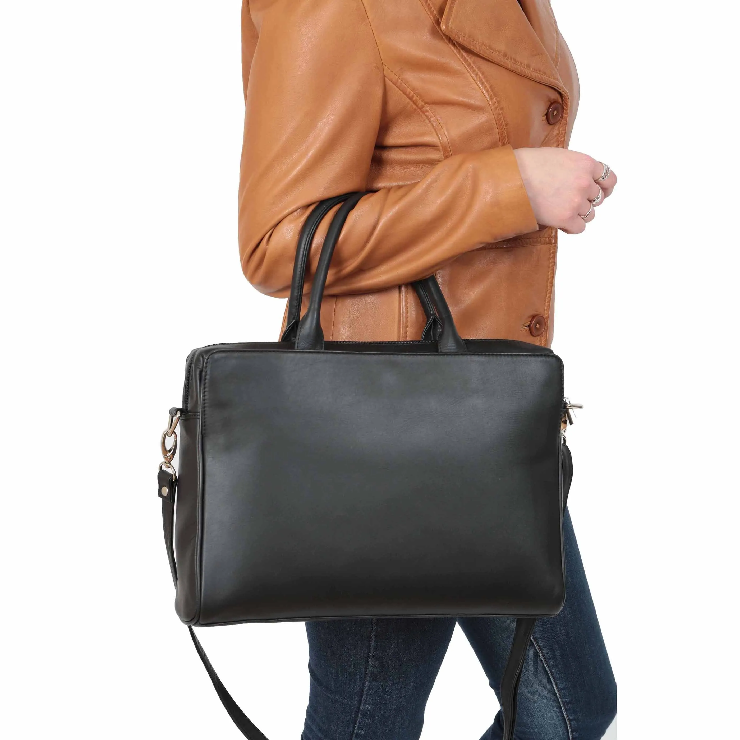 DR592 Women's Genuine Soft Leather Briefcase Shoulder Office Bag Black